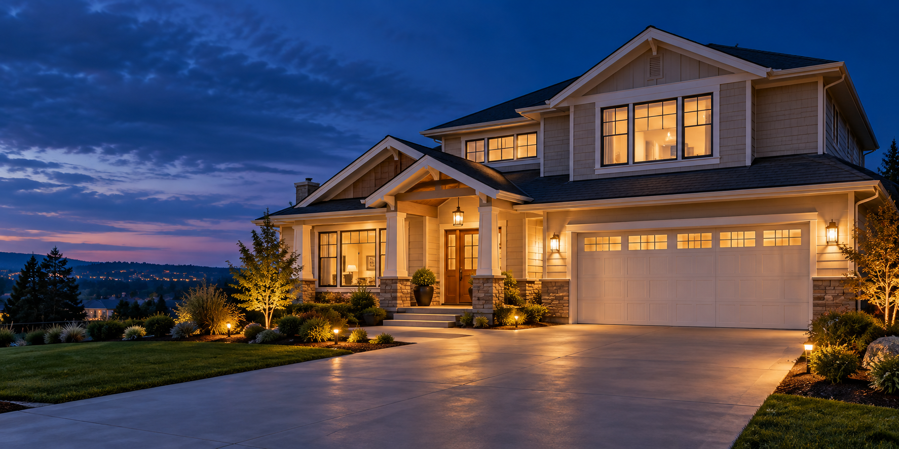 A welcoming home with warm exterior and entryway lighting